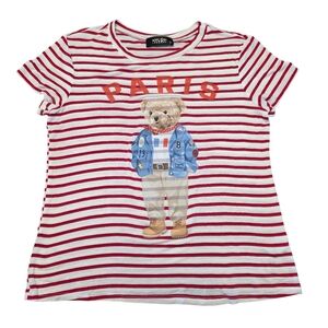 Red and White Striped Teddy Bear Paris T-Shirt Size S